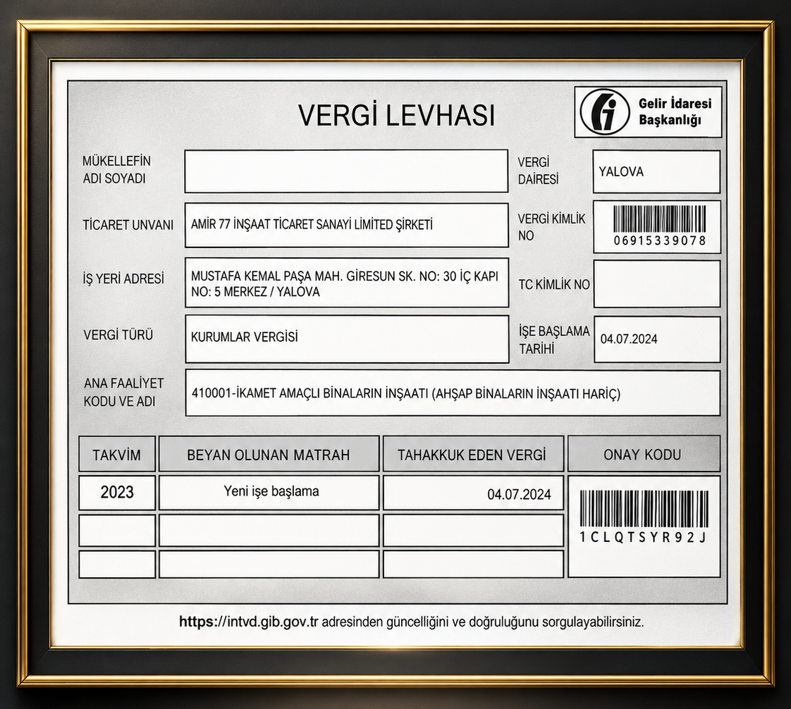 AMIR 77 İNŞAAT Vergi Levhası